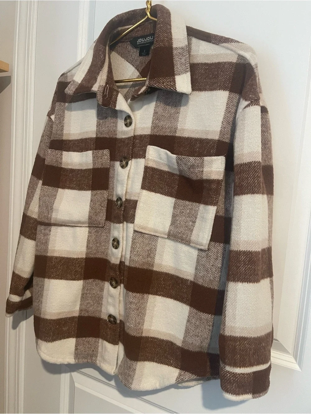 Jou Jou Women’s S Brown & Cream Plaid Button-Front Shacket 21 P-P 28L